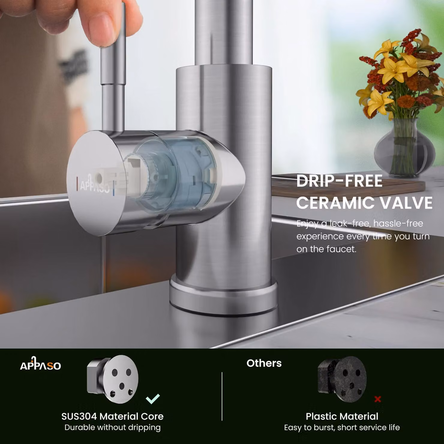 Appaso Waterfall Kitchen Mixer Tap with Pull Out Spray and 360 Degree Swivel in Silver Brushed Steel – 4
