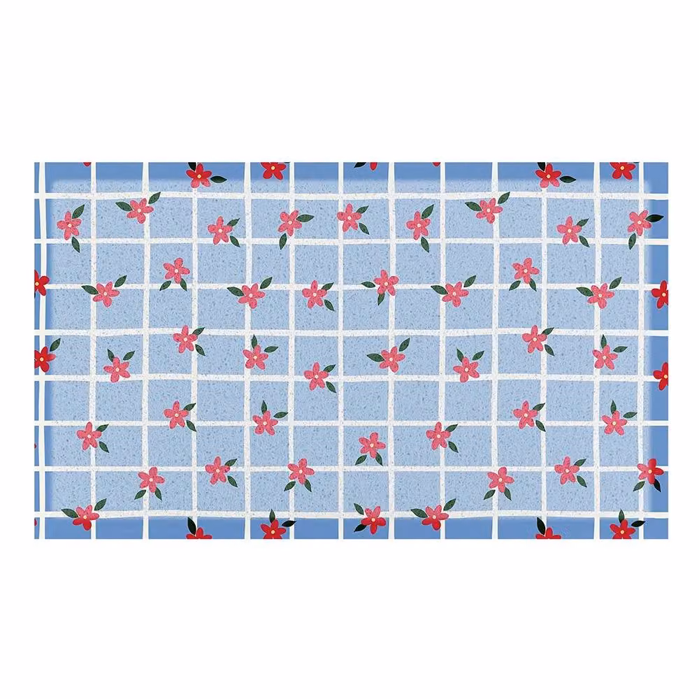 Artsy Mats Blue Check Floral Doormat, Multicolour, W: 60 cm, D: 90 cm – 2