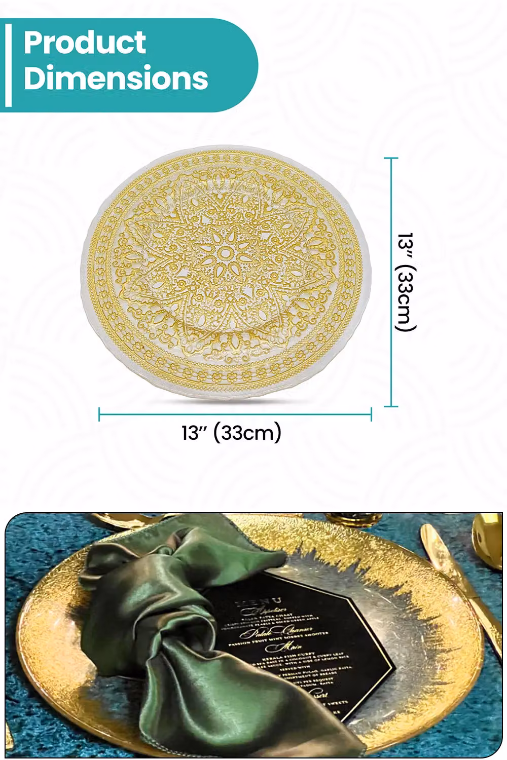 Neel Blue Mandala Flower Design Glass Charger Plates in Blue and Metallic Gold, Diameter: 33 cm – 1