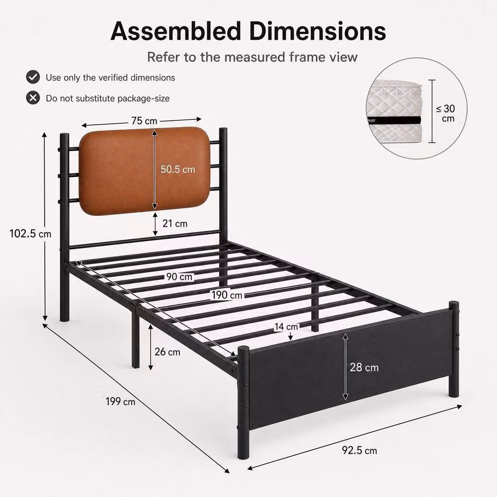 STILVORA Single Bed Frame with Upholstered PU Leather Headboard in Black, W/D/H: 90 x 190 cm – 2