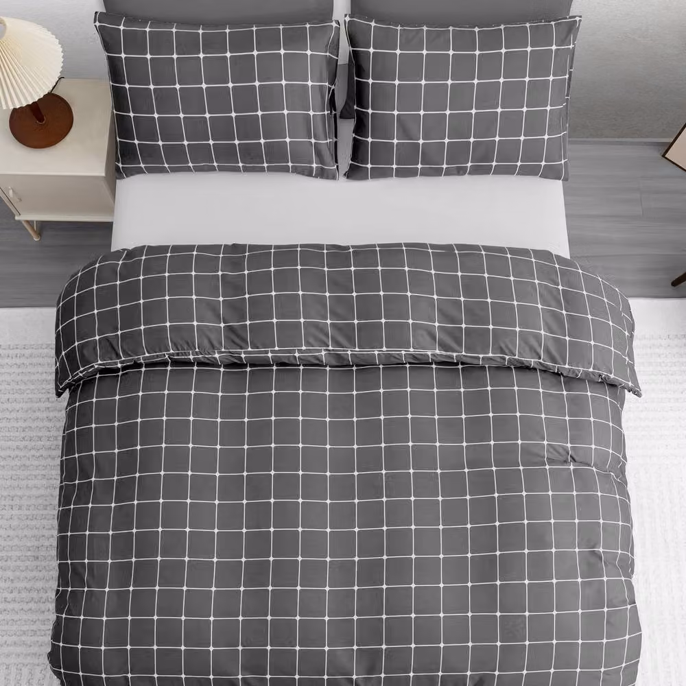 Lazzaro Home Double Reversible Checked Microfibre Duvet Cover and Pillowcase Set in Anthracite Grey, W: 140 cm, H: 200 cm – 2
