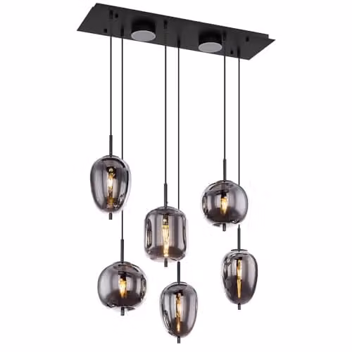 Globo Lighting Modern Suspended Pendant Light with 6 Smoke Glass Shades in Black and Grey, E14, Height Adjustable