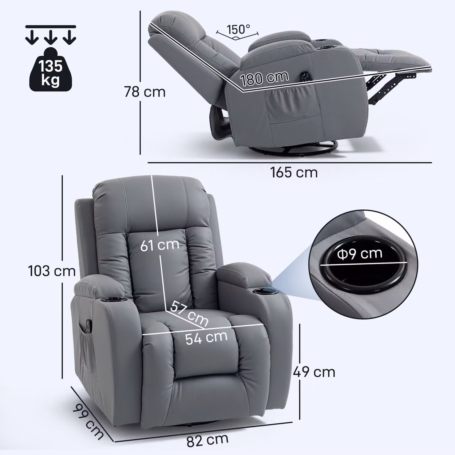 HOMCOM Grey PU Leather Massage Recliner Armchair with Swivel and Manual Lever Function – 3