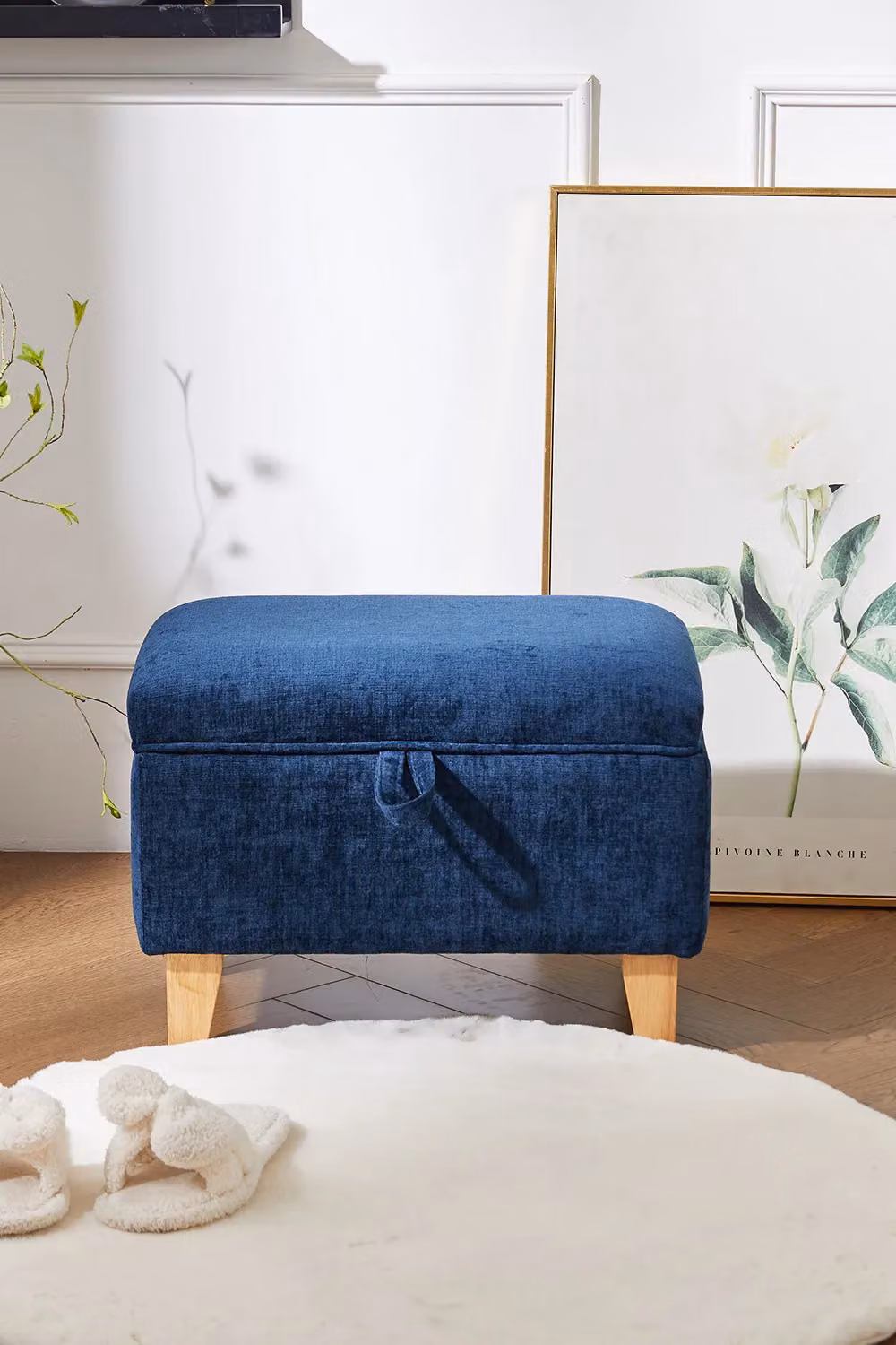 Living and Home Chenille Upholstered Storage Ottoman in Blue – 3