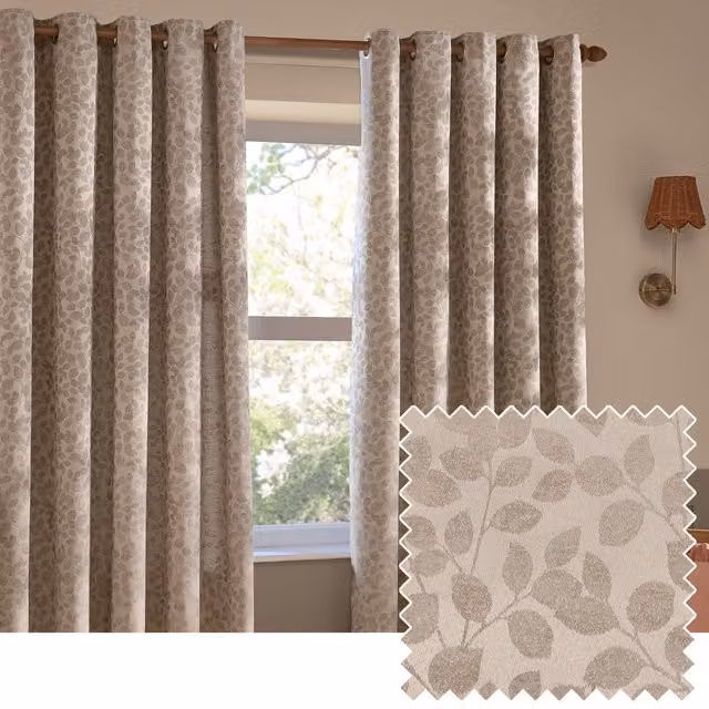 Wylder Grace Taupe Leaf Jacquard Eyelet Curtains with Floral Satin Fabric