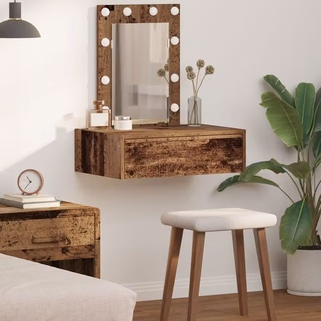 Berkfield Home Wall Hanging Dressing Table with Hollywood LED Lights in Brown Rustic Wood – 1