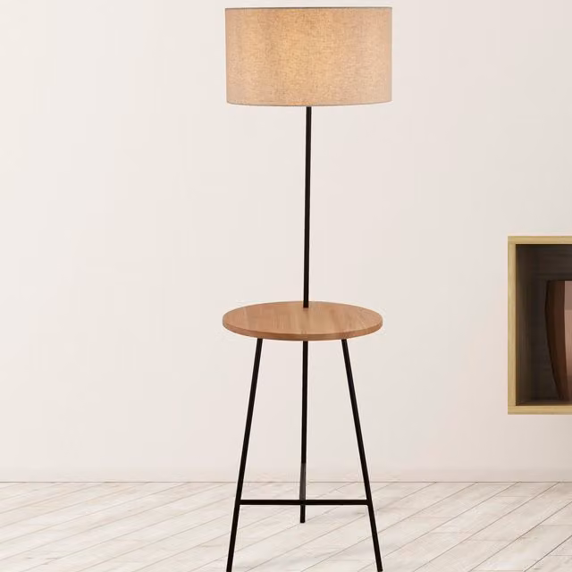 Single Shelf Floor Lamp in Black with Wood and Metal Details