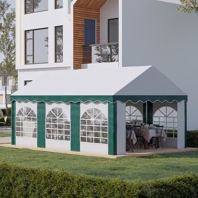 Outsunny Garden Gazebo Marquee Party Tent with Sides, White and Green