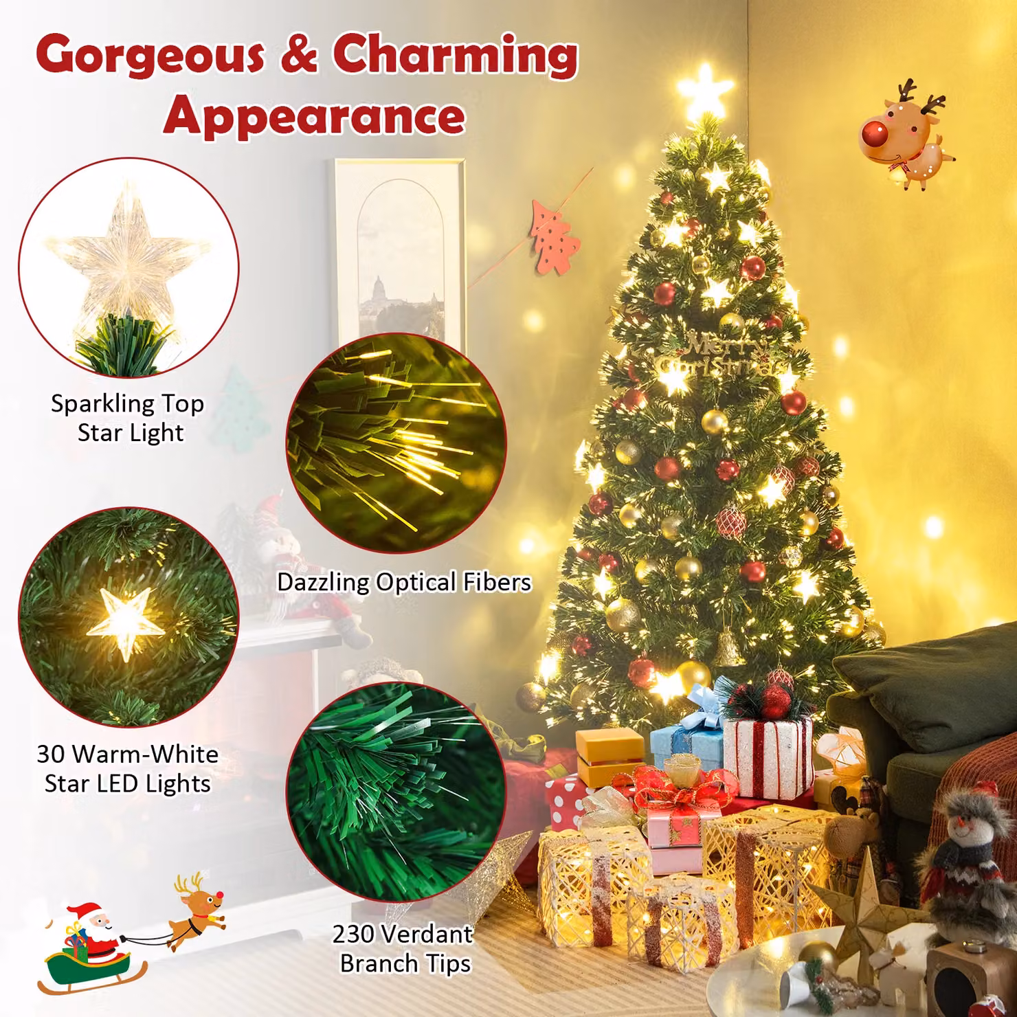 Gymax 6ft Green Fiber Optic Christmas Tree with 230 Tips, 30 Star Lights and 8 Lighting Modes – 2