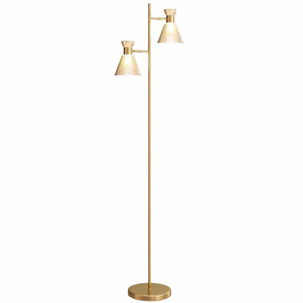HOMCOM Modern Adjustable Dual Head Floor Lamp in Gold Tone – 2