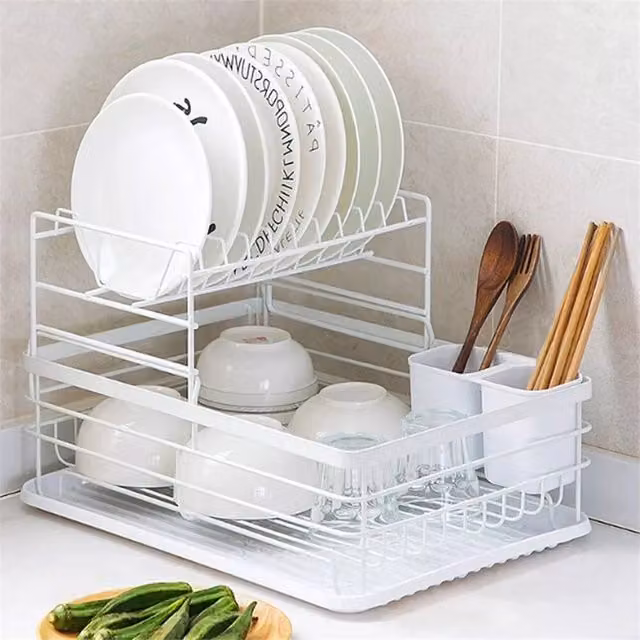 Havendro 2 Tier Kitchen Sink Dish Drainer Rack with Drip Tray and Cutlery Holder, White