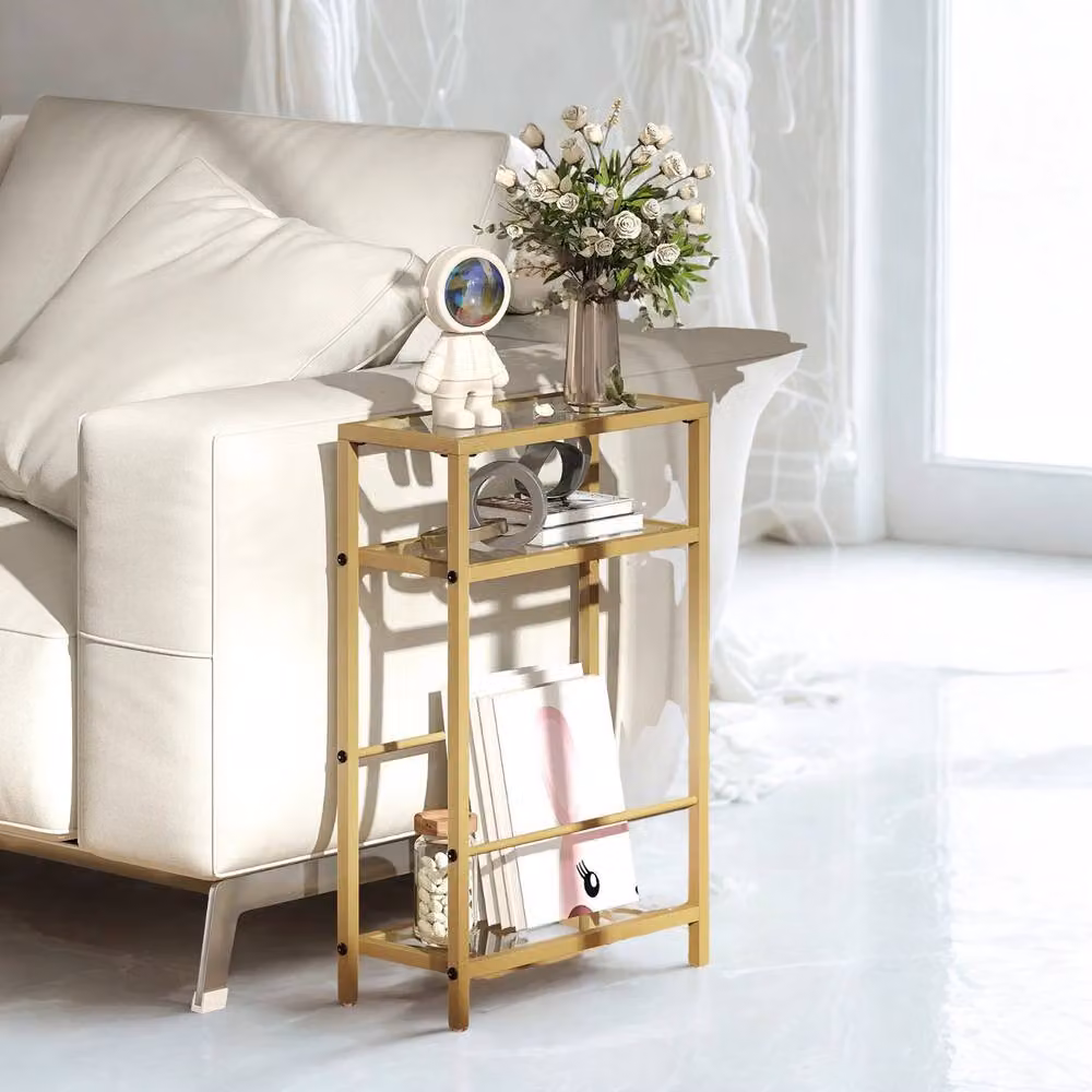 FURNOS 3 Tier Side End Table with Tempered Glass Top in Gold, W/D/H: 40 x 40 x 62 cm – 2