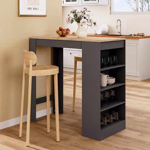 Komore Modern Rectangular Bar Table with Serving Tiers in Brown and Grey Wood