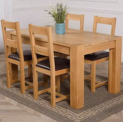 Oak Furniture King Kuba Solid Oak 4 Seater Dining Set with Lincoln Upholstered Leather Chairs, Natural Finish, W: 150 cm, D: 85 cm