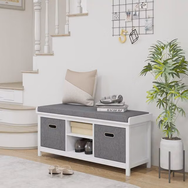 HOMCOM Modern Shoe Storage Bench with Fabric Cushion and Adjustable Shelf in White and Grey