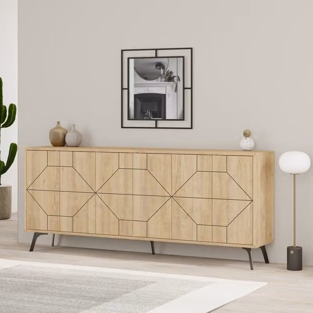 Decortie Dune 6-Door Push-to-Open Sideboard with Metal Legs in Natural Beige and Brown, W: 184 cm
