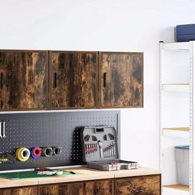 Berkfield Home Set of 2 Wall Mounted Garage and Workshop Cabinets in Smoked Oak Brown, W/D/H: 41.0 x 40.0 x 30.0 cm