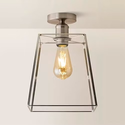 ValueLights Susie Glass Lantern Flush Ceiling Light in Brushed Chrome and Transparent Glass