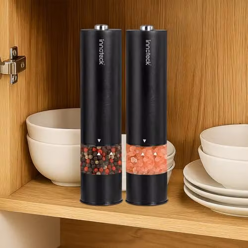 Innoteck Electric Salt and Pepper Mill Set with Ceramic Grinder and Integrated Light, Battery-Operated, Black – 6