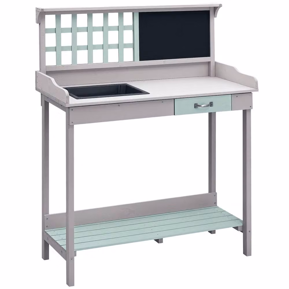 HOMCOM Outdoor Potting Table Bench Workstation with Wood Planting Shelves in Grey – 3
