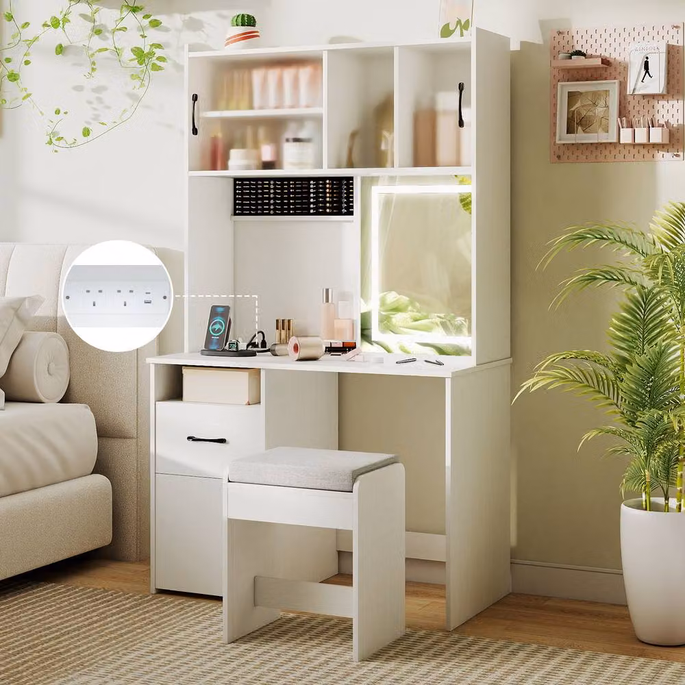 Costway Modern White Vanity Desk with Hollywood LED Mirror and Power Outlets – 2