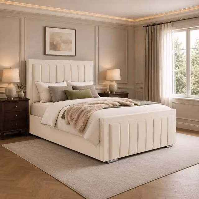 Desire Deco Lucia Upholstered Plush Velvet Panel Bed Frame in Beige/White, Size: 180 x 200 cm