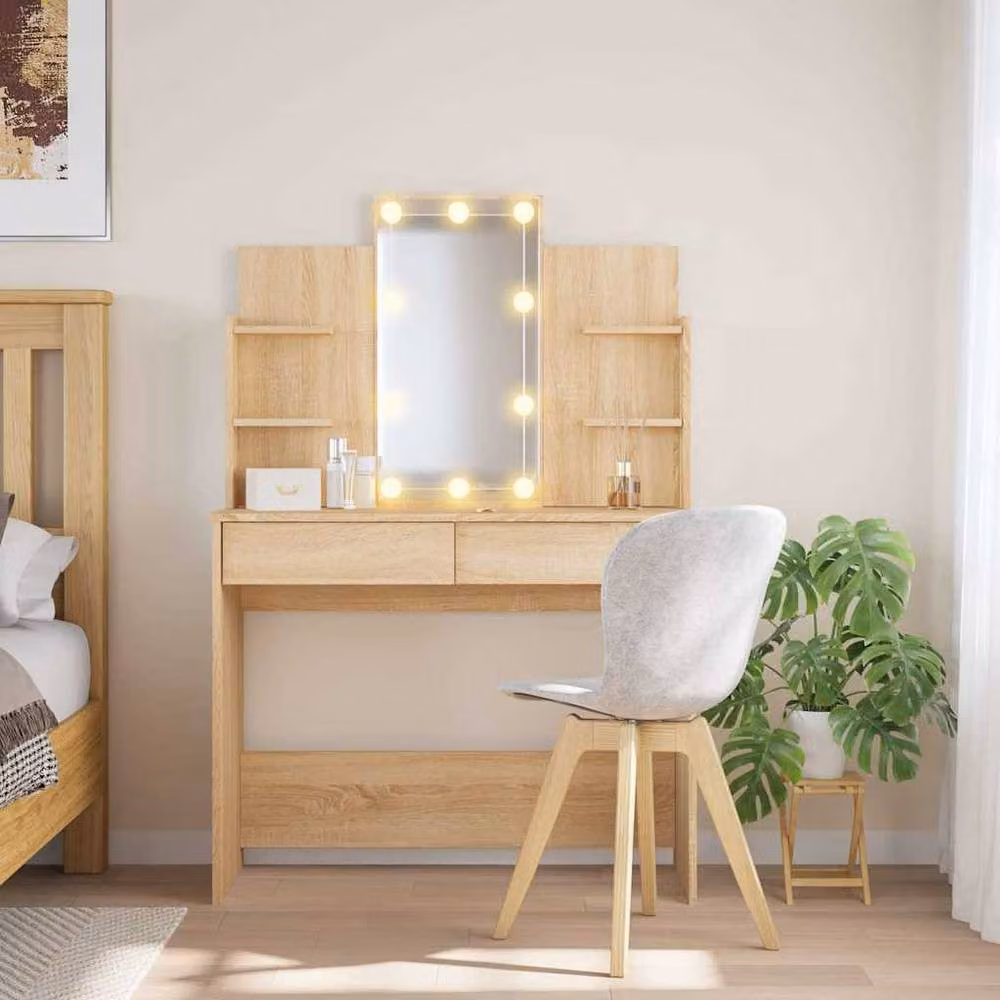 Berkfield Home Beautiful Dressing Table with LED Lights in Sonoma Oak and Light Brown, W/D/H: 96 x 40 x 142 cm – 2