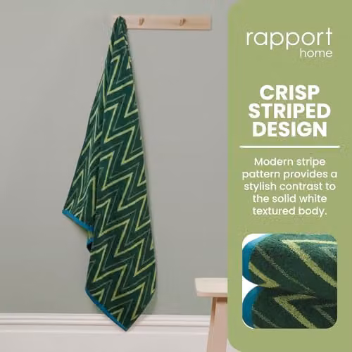 Rapport Home Helix 2-Pack Bath Towels in Green, 100% Cotton, 500gsm, W: 70 cm, L: 120 cm – 3