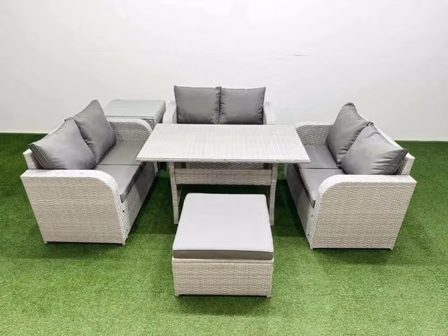 Fimous 7 Seater PE Wicker Rattan Garden Furniture Set in Light Grey with Rectangular Dining Table, 2 Seater Love Sofa, Big Footstool and Side Table