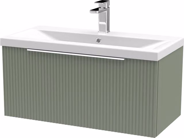 Balterley Fluted Wall Hung 1 Drawer Vanity Basin Unit and Basin, Satin Green, Width: 80 cm