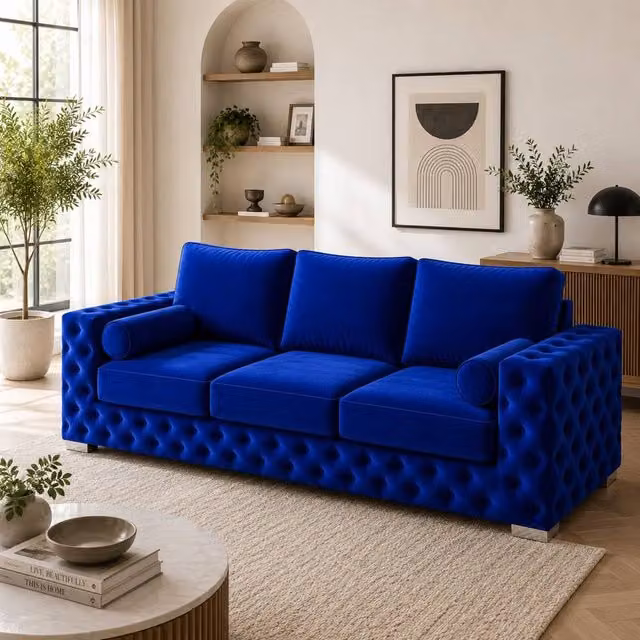 Stratus Interiors Ashley Luxury Chesterfield 3 Seater Fabric Upholstered Sofa in Royal Blue, W: 203.2 cm, H: 76.0 cm, D: 67.0 cm