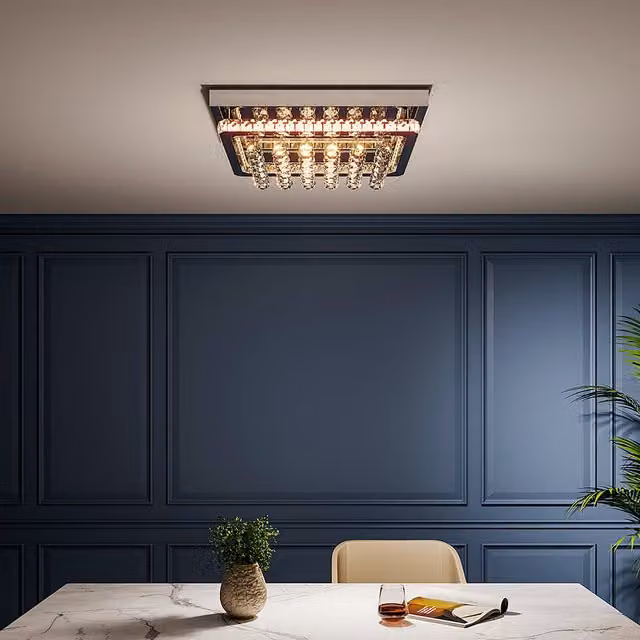Livingandhome Dimmable Crystal LED Square Ceiling Flush Light in Silver and Chrome