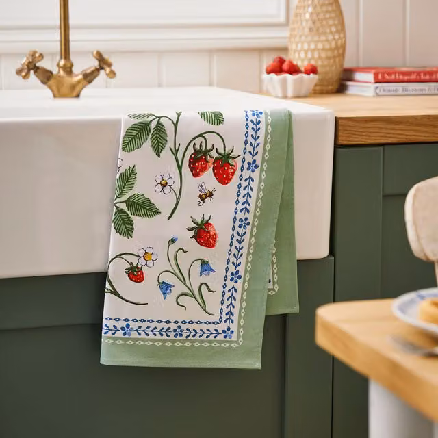 Ulster Weavers Strawberry Patch Floral Cotton Tea Towel in Green and Blue, W: 48 cm, H: 74 cm