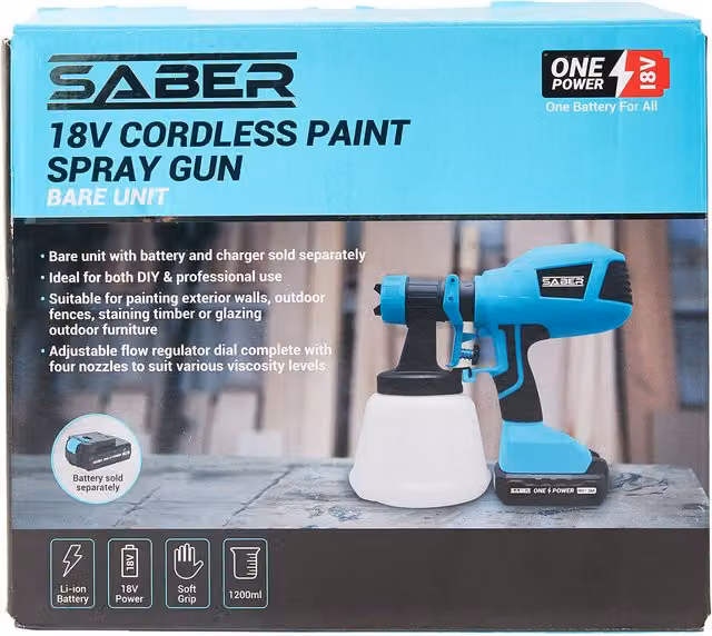 Saber 18V Battery Powered Electric Handheld Paint Spray Gun Bare Unit, Blue