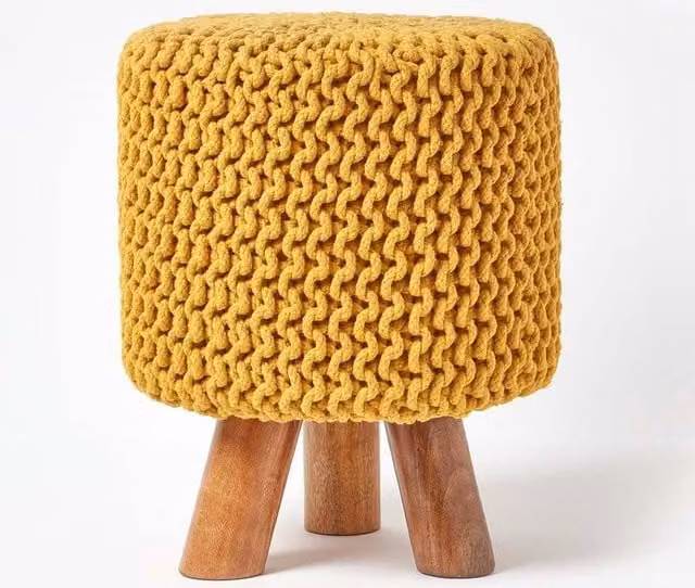 Homescapes Tall Cotton Knitted Footstool in Yellow