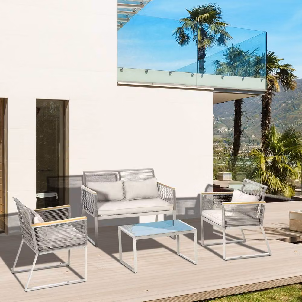 ERGOVEXA 4 Piece Grey Polyrattan Garden Furniture Set with Upholstered Cushions and Metal Frame – 3