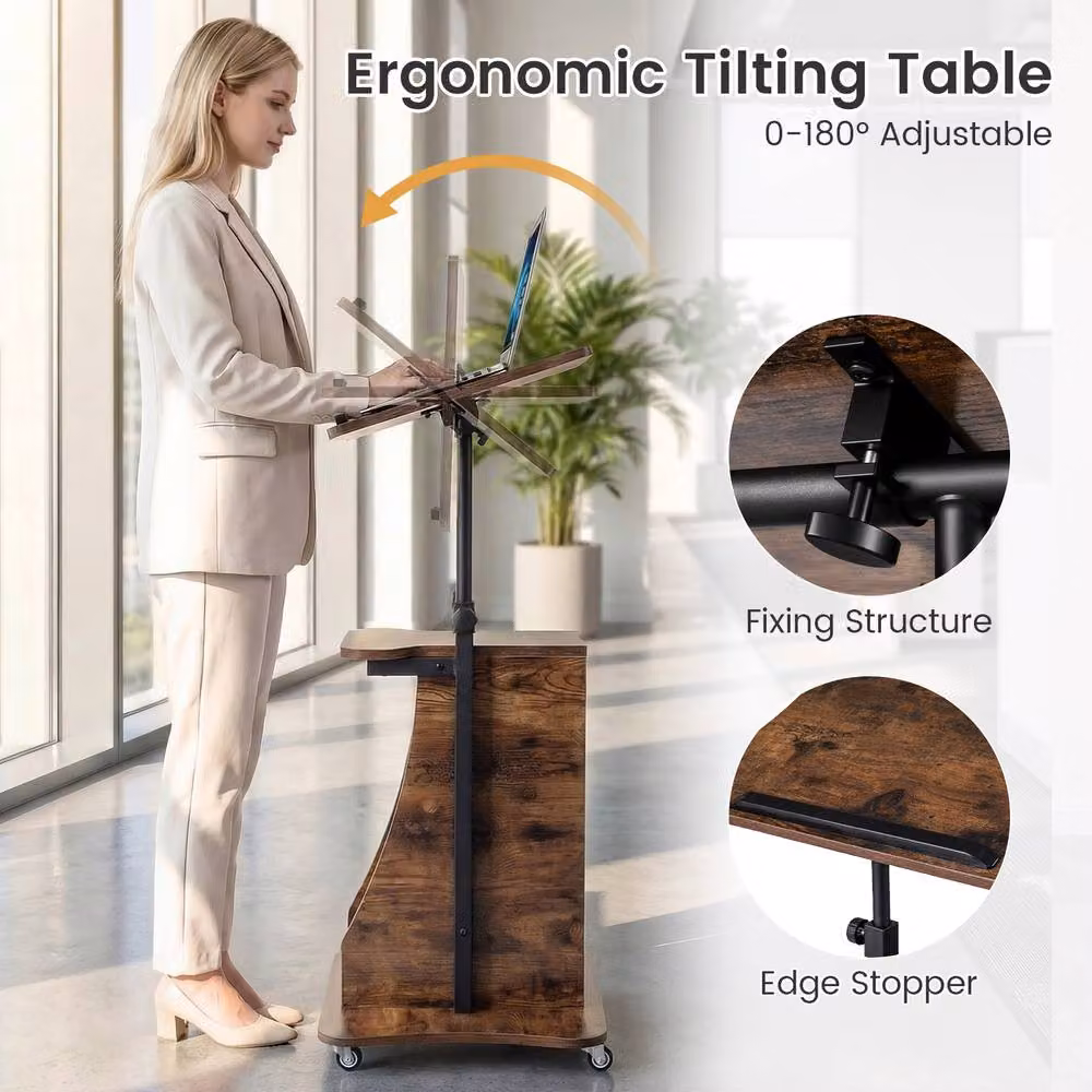 Gymax Height Adjustable Rolling Podium Stand with Tilting Top in Rustic Brown – 7
