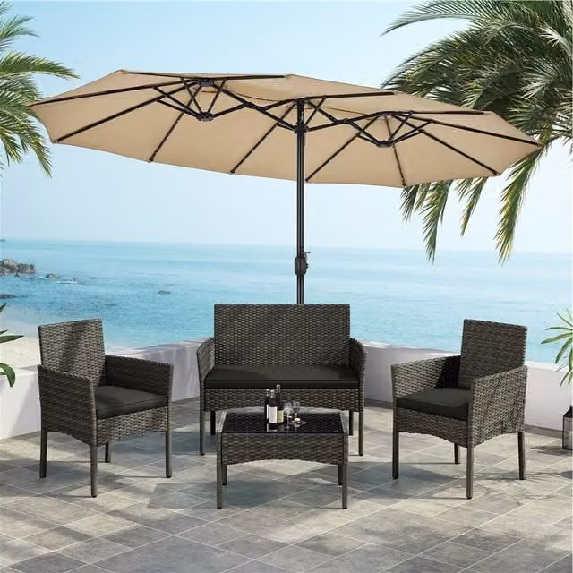 Yaheetech Modern Grey Rattan Outdoor Reception Table and Chair Set with Glass Top