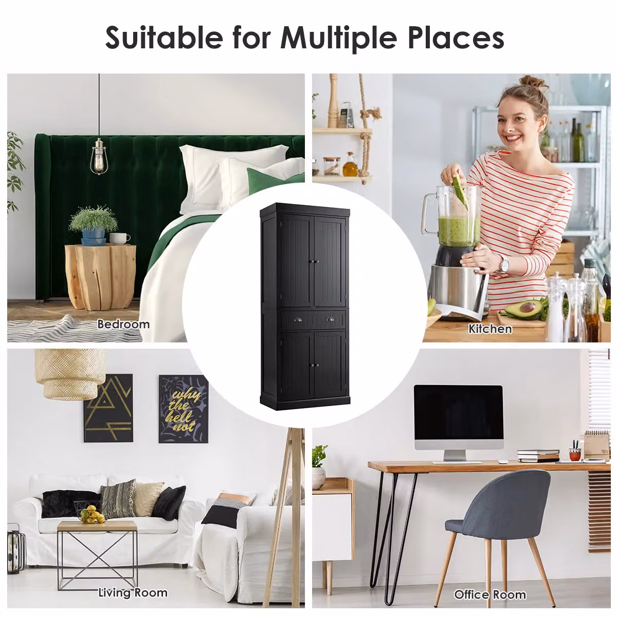 Gymax Modern Black Kitchen Pantry Cabinet with 2 Hinged Doors and Internal Drawers, Height: 183 cm – 3