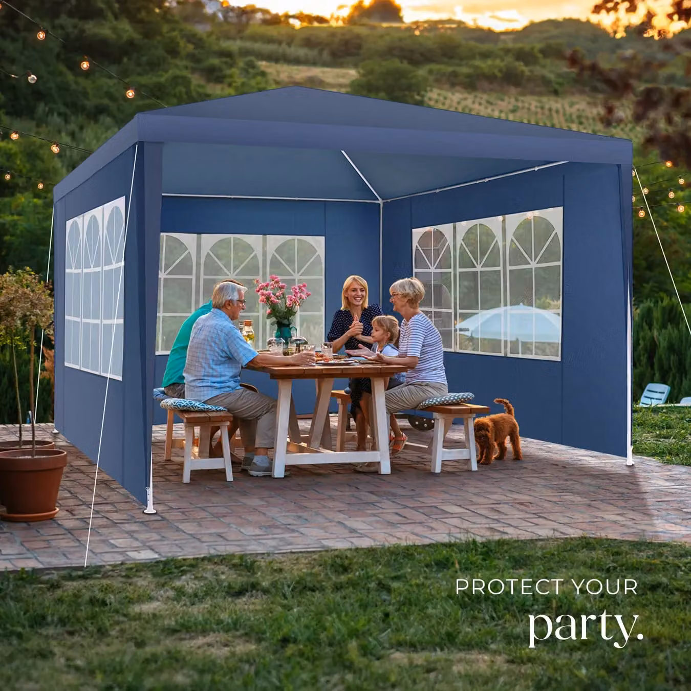 tectake Gazebo Barinas Blue with 3 Side Panels, W: 300 cm, D: 300 cm, H: 250 cm – 8