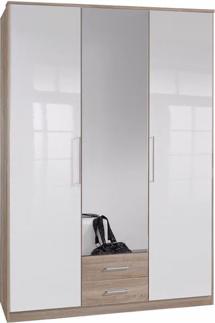 Gamma 3 Door 2 Drawer Mirror Wardrobe in Gloss White and Oak