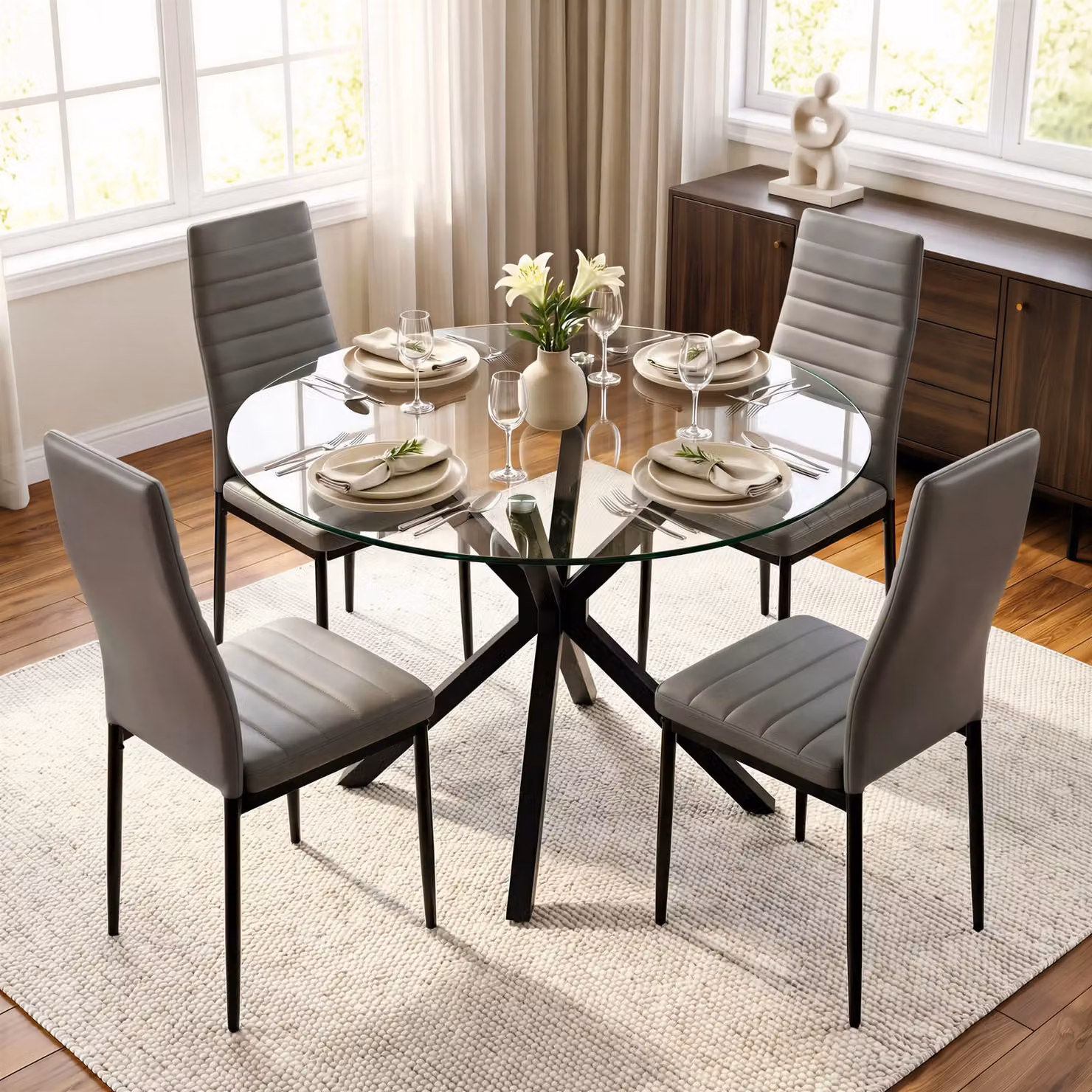 DHS Skyra Round Glass Dining Table and 4 Grey Chairs Set