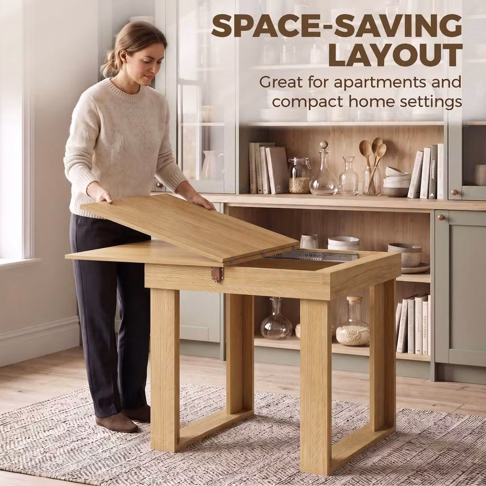 HOMCOM Folding Dining Table with Under-Table Storage in Oak Effect, Brown, W: 140 cm, D: 70 cm, H: 70 cm – 4