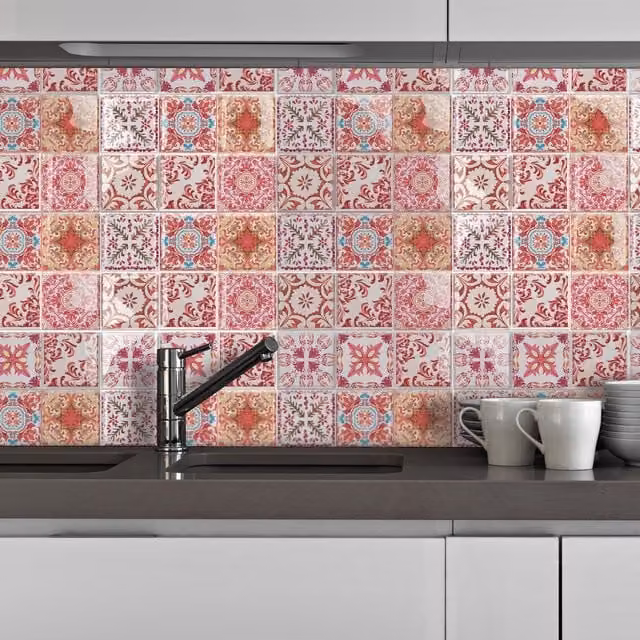 WALPLUS Red and Multicolour 3D Floral Mediterranean Tile Stickers with Adhesive Tile Look