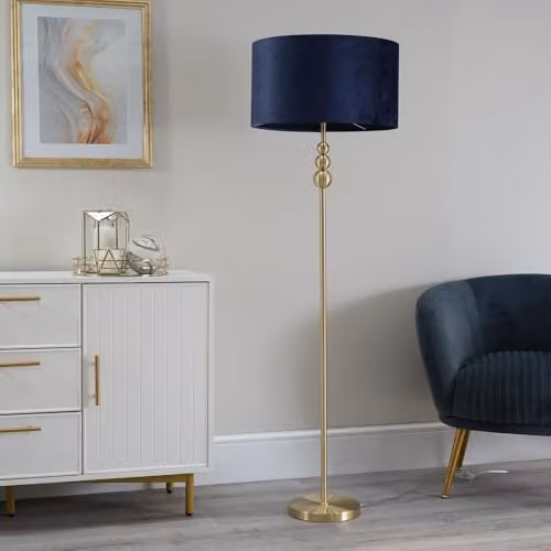 ValueLights Marissa Gold Stacked Floor Lamp with Navy Blue Velvet Drum Shade and LED Bulb – 3