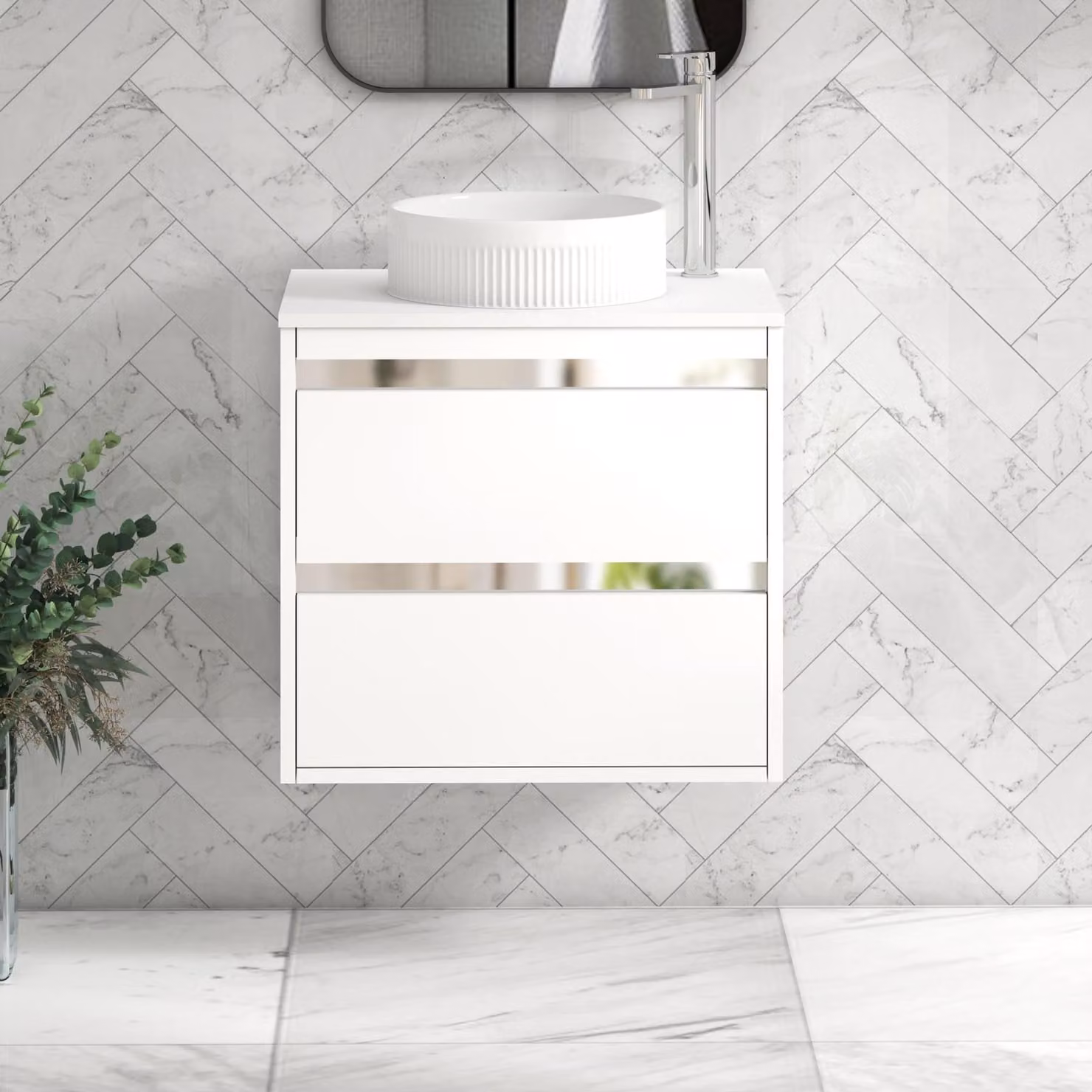 Royal Bathrooms Orion 600mm Matt White Wall Hung Vanity Unit with 2 Drawers and Round Basin