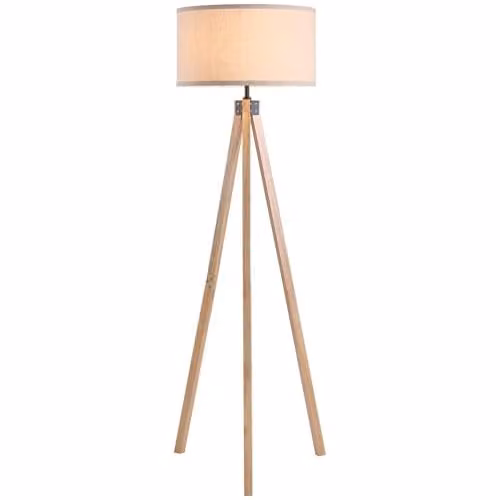 HOMCOM Modern Wood Tripod Floor Lamp with Beige Fabric Cylinder Shade, H 152 x W 45 x D 45 cm – 1