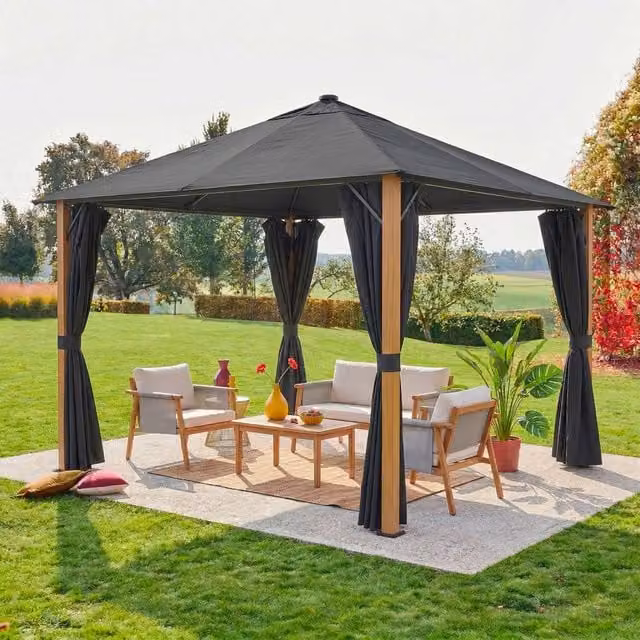 sweeek Aluminium Hip Gazebo with Curtains and LED Lighting, Dark Grey, W: 300 cm x D: 300 cm – 1