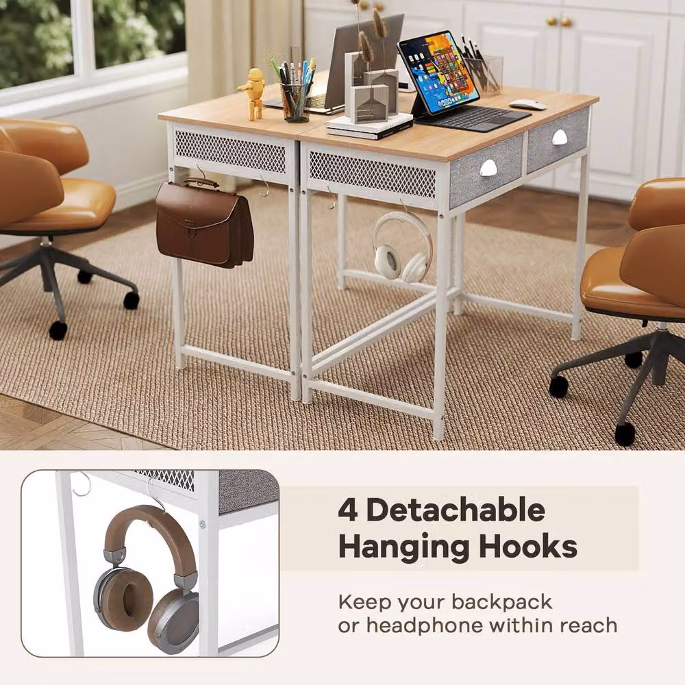 Gymax Computer Desk and Vanity Desk with 2 Drawers in White and Beige, W: 90 cm, H: 115 cm – 4