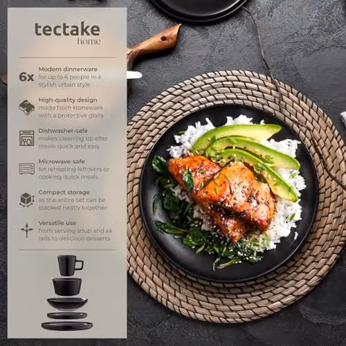 tectake 30-Piece Black Stoneware Dinnerware Set for 6 People, Microwave and Dishwasher Safe – 2